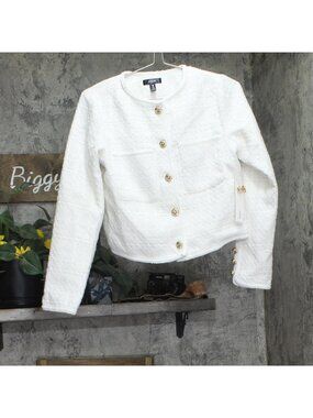 Aqua Womens 5-Button Crop Tweed Jacket OI5757BL White S
